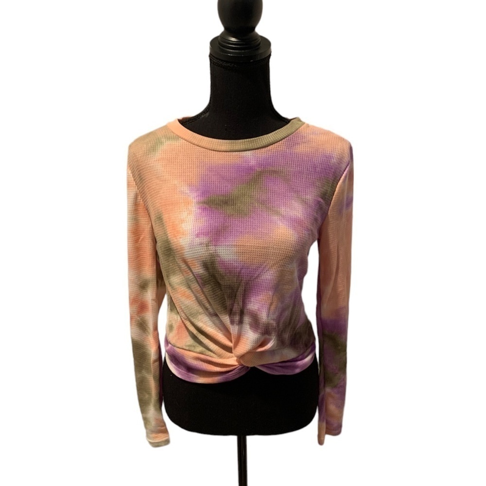 Lush Tie Dye Long Sleeve Waffle Knit Twist Front Top Small Peach Olive NWOT